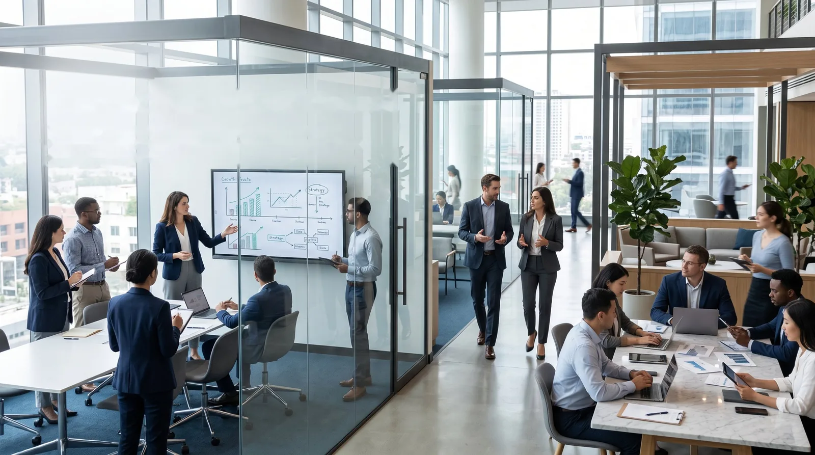 Business professionals collaborating in a modern glass-walled office, with a team presenting a growth strategy on a screen