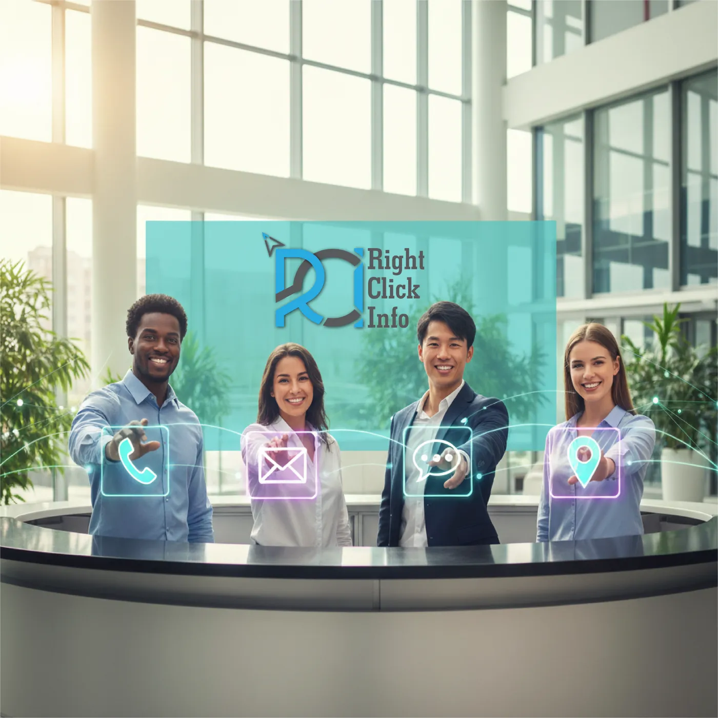 The Right Click Info team standing at a reception desk