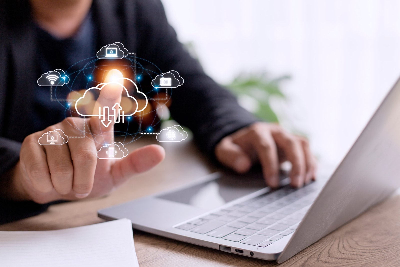Icon cloud computing network and icon connection data information. Cloud computing and technology concept.