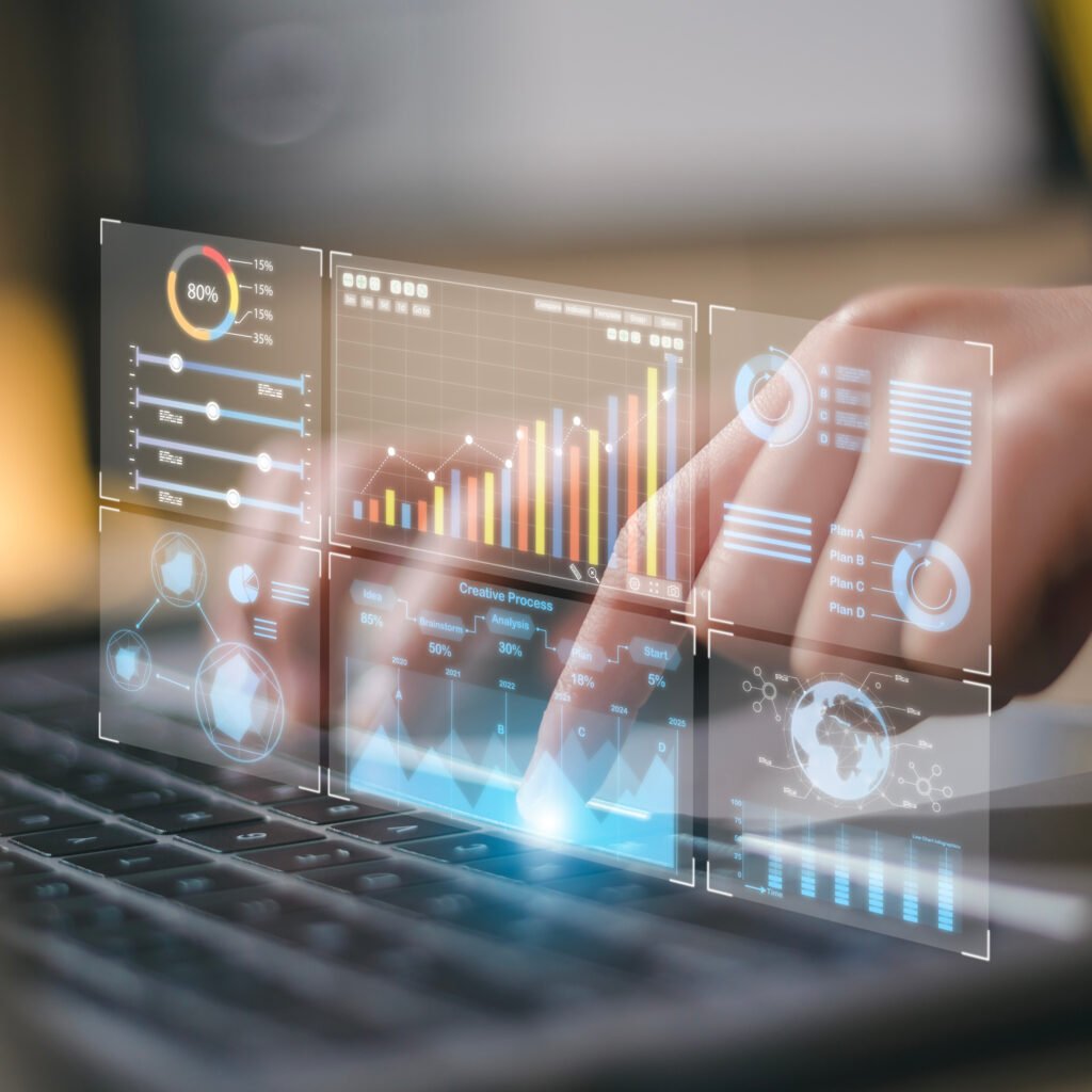 Data analyst working on business analytics dashboard with charts, metrics and KPI to analyze performance and create insight reports for operations management.